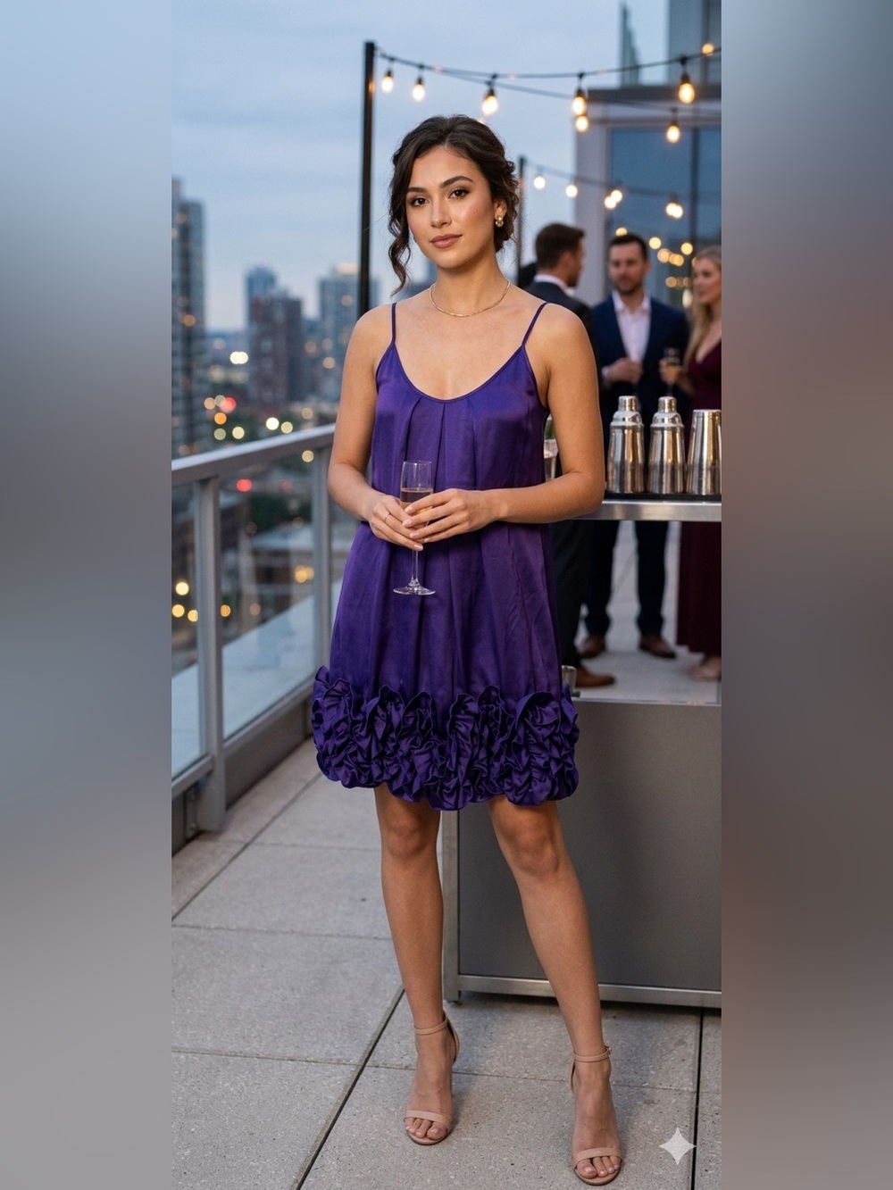 Aqua Women's Sz M Mini Balloon Bubble Ruffle Dress Spaghetti Strap Purple Y2K